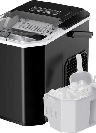 Ice Maker Countertop, Portable Ice Machine with Carry Handle, Self-Cleaning Ice Makers with Basket and Scoop, 9 Cubes in 6 Mins, 26 lbs per Day, Ideal for Home, Kitchen, Camping, RV, Black