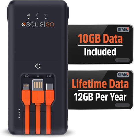 Solis Go, Mobile WiFi Hotspot & Powerbank with 1GB/Monthly + 30GB Data | Built-In Charging Cables, Travel WiFi in 140+ Countries, Auto-Switching 300+ Carriers, No SIM Required, No Contract Needed