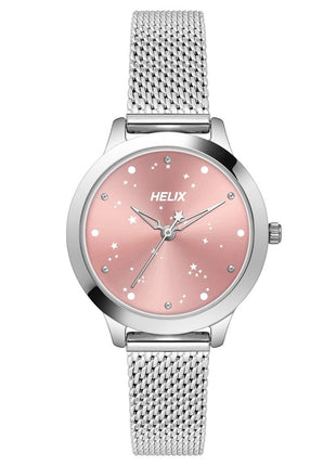 Helix by Timex Analog Watch for Women with Pink Round Dial & Silver Stainless Steel Mesh Bracelet Band Water Resistant Women's Wrist Watches - TW022HL33