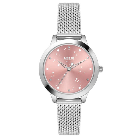 Helix by Timex Analog Watch for Women with Pink Round Dial & Silver Stainless Steel Mesh Bracelet Band Water Resistant Women's Wrist Watches - TW022HL33