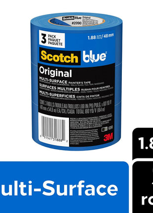 ScotchBlue Original Multi-Surface Painters Tape, 2 Inch Wide (1.88 In. x 60 Yds), 3 Rolls, Blue Paint Tape Protects Surfaces and Removes Easily, Masking Tapes for Indoor and Outdoor Use (2090-48EP3)