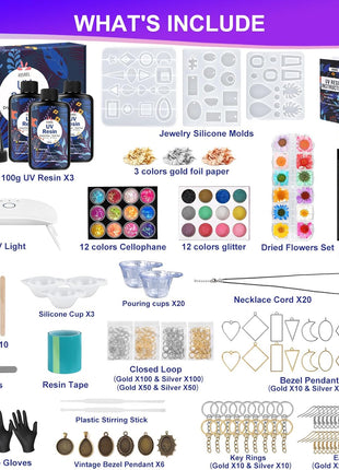 KISREL UV Resin Jewelry Making Kit, 300g Crystal Clear Resin with Light and Molds, DIY Jewelry Making Kit, Resina Starter Kits for Keychain and Earring