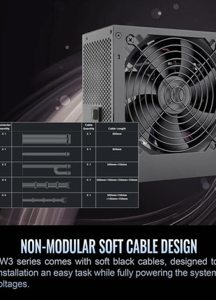 Smart W3 Series 80Plus Certified 500W Power Supply; ATX v3.1 Spec; 120mm FDB Fan; 5 Year Warranty; PS-SPW-0500NNFAWU-1