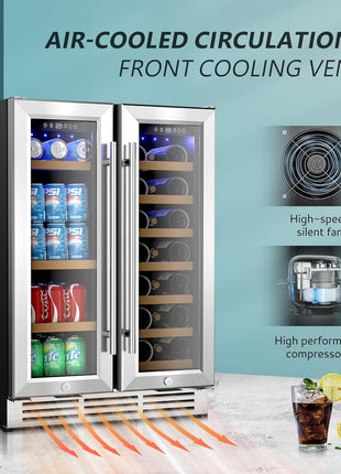 EUHOMY Wine and Beverage Refrigerator, 24 Inch Dual Zone Wine Cooler with Glass Door Hold 21 Bottles and 88 Cans, Built in or Under Counter Wine Fridge with Blue LED Light
