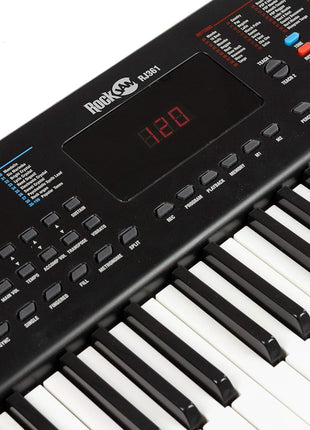RockJam Compact 61 Key Keyboard with Sheet Music Stand, Power Supply, Piano Note Stickers & Simply Piano Lessons