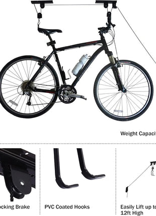 Bike Hanger - Overhead Hoist Pulley System with 100lb Capacity for Bicycles or Ladders - Secure Garage Ceiling Storage by Rad Sportz