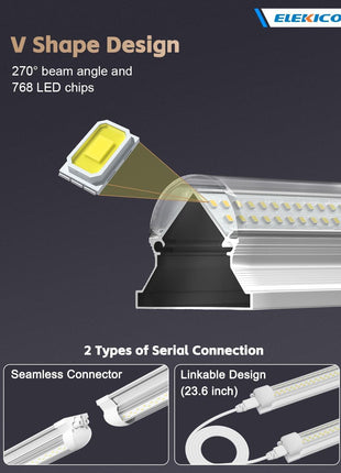 ELEKICO 12 Pack Super Bright 100w 8ft Led Shop Light, 15000lm 5000k V Shape 8' Led Shop Lights 8ft, Linkable 96" 8 Foot Shop Lights for Garage Workshop Shop Warehouse Lighting