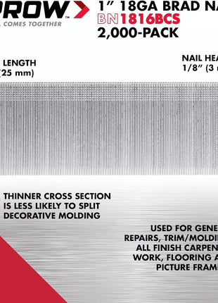 Arrow BN1832CS 18-Gauge Steel Brad Nails for Molding, Cabinets, Framing, Trim, and Finishing, Safe to Use with Electric or Battery Powered Nailers, Steel, 2 Inch, 1000 count (Pack of 1)