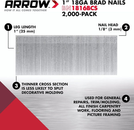 Arrow BN1832CS 18-Gauge Steel Brad Nails for Molding, Cabinets, Framing, Trim, and Finishing, Safe to Use with Electric or Battery Powered Nailers, Steel, 2 Inch, 1000 count (Pack of 1)