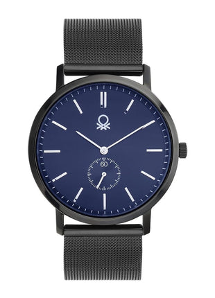 United Colors of Benetton Signature Analog Watch for Man with Blue Round Dial & Black Stainless Steel Mesh Bracelet Band Water Resistant Men's Wrist Watches - UWUCG2301