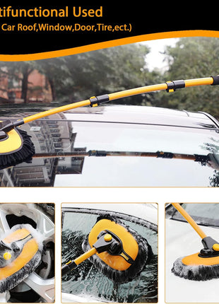 15° Curved Car Cleaning Brush with Telescopic Handle 43 inch Aluminum Alloy Long Rod Wash Mop For Washing Caravan Van Truck Boat RV Roof Soft Chenille Head Duster Clean Product Not Hurt Paint Scratch Free