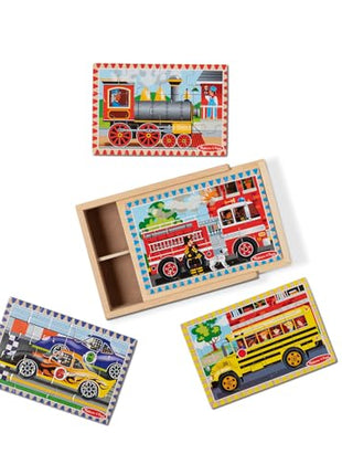 Melissa & Doug 4‐in‐1 Wooden Vehicle Jigsaw Puzzle Set, 48 Pieces with Storage Box, Toddler Puzzle Toy for Kids Ages 3+- FSC Certified