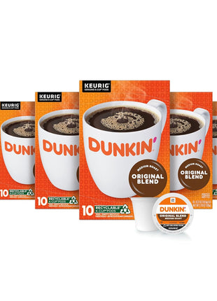 Dunkin' Original Blend Medium Roast Coffee, Keurig K-Cup Pods, 60 Count | 6 boxes of 10 single serve coffee pods each, Rich & smooth flavor, Made with arabica coffee, Shelf stable, SNAP EBT eligible