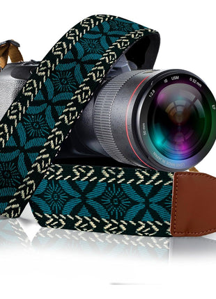 Camera Strap - Shoulder, Crossbody & Neck Camera Strap for Photographers, Fits All Cameras, Canon Nikon Sony Fujifilm, Padded Strap W/ Quick Release, Embroidered Cotton & Leather Ends, Blue