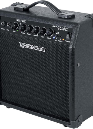 Rockville G-AMP 20W Guitar Amplifier Combo with Bluetooth, Delay, Dual Guitar Inputs, Clean/Overdrive, EQ Controls, Portable for Practice and Small Gigs