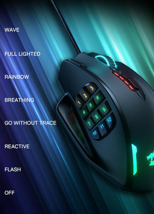 Redragon M908 Impact RGB LED MMO Gaming Mouse with 12 Side Buttons, Optical Wired Ergonomic Mouse with Max 12,400DPI, High Precision, 18 Programmable Macro Shortcuts, Comfort Grip