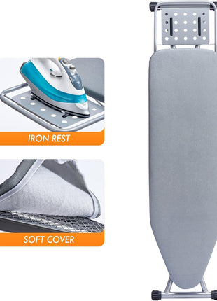 BKTD Ironing Board, Heat Resistant Cover Iron Board with Steam Rest, Non Slip Foldable Ironing Stand. Heavy Sturdy Metal Frame Legs Iron Stand(13 * 34 * 53 Inches) (Silver Gray)