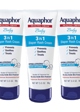 Aquaphor Baby Diaper Rash Cream, 3-in-1 Diaper Rash Relief, 3.5 Oz Tube, (Pack of 3)