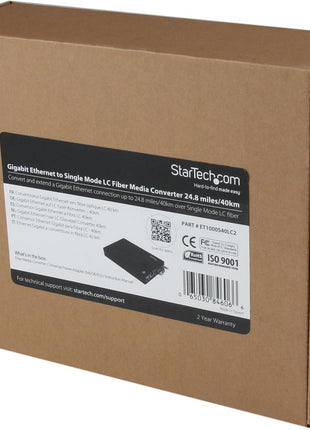 StarTech.com Single-Mode (SM) LC Fiber Media Converter for 10/100/1000 Network - 40km - Gigabit Ethernet - 1310nm- with SFP Transceiver, TAA (ET1000S40LC2)