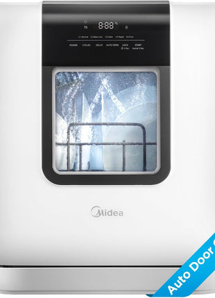 Midea Countertop Dishwasher with 1.59Gal Built-in Water Tank, 5+2 Programs | Portable Dishwasher, Auto-Open Door & Dual Drying, Energy-Saving and Odor Removal, Perfect for Apartments, Dorms& RVs, White