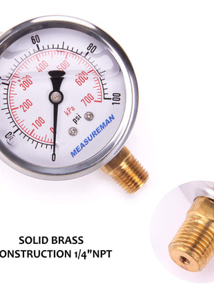 MEASUREMAN 2-1/2 inch Dial Size, Glycerin Filled Pressure Gauge, 0-100psi/kpa, 304 Stainless Steel Case, 1/4 inch NPT Lower Mount