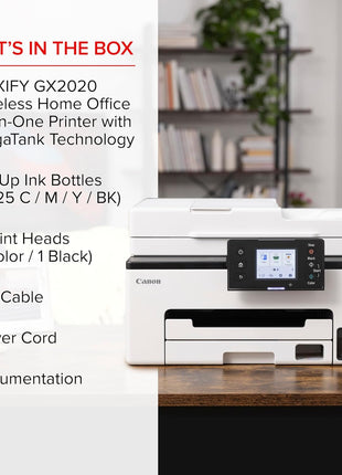 Canon MegaTank MAXIFY GX2020 All-in-One Wireless Color Printer – Print, Copy, Scan with Duplex Printing – Refillable Tank System, Compact Desktop Design – Wireless Print Scan Copy for Home & Office