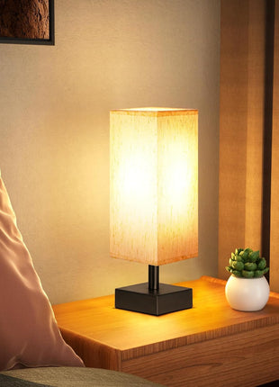 aooshine Small Bedside Table Lamp for Bedroom - Square Cream Fabric Shade | Inline Rocker Switch, Corded Electric, Bulb Not Included, 12.8" Mini Table Lamp for Nightstand, Desk, Dorm, Office