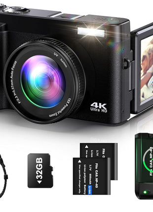 4K Digital Camera for Photography Auto-Focus Vlogging Camera for YouTube Video with 3'' 180° Flip Screen 16X Anti-Shake 4K Camera Compact Cameras with SD Card, Flash, 2 Batteries
