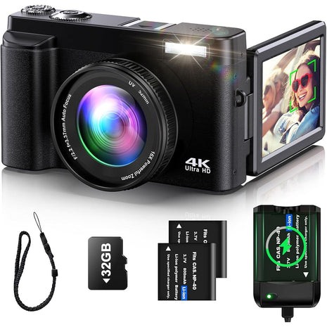 4K Digital Camera for Photography Auto-Focus Vlogging Camera for YouTube Video with 3'' 180° Flip Screen 16X Anti-Shake 4K Camera Compact Cameras with SD Card, Flash, 2 Batteries