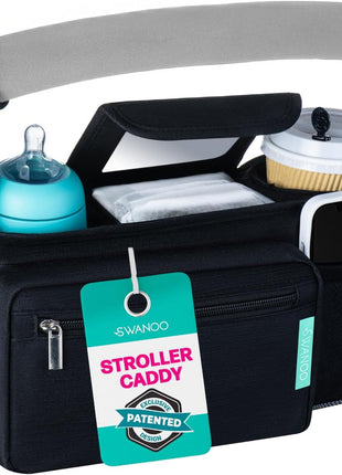 Stroller Caddy Organizer, Cup Holder, Wipes Pocket, Non-Slip, Black