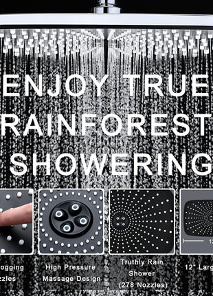 12" High Pressue Rain Shower Head with Handheld, 9 Sprays Hand Showerhead | Shower Heads with Handheld Spray Combo, Dual Head, Built-in Magnetic Docking, Power Jets, 59" Shower Hose, Chrome 1.8GPM