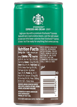 Starbucks Ready to Drink Coffee, Espresso & Cream Light , 6.5oz Cans (12 Pack) (Packaging May Vary)