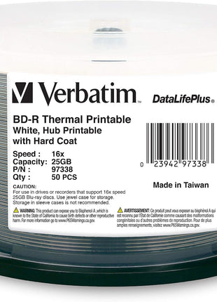 Verbatim BD-R 25GB 16X DataLifePlus White Thermal Printable, Hub Printable - 50pk Spindle