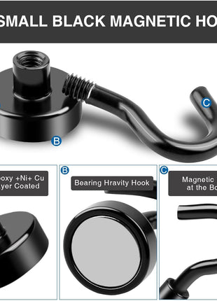 LOVIMAG Black Magnetic Hooks, 30Lbs Strong Magnetic Hooks Heavy Duty with Epoxy Coating for Refrigerator, Magnetic Cruise Hooks for Hanging, Classroom, Office, and Kitchen - Pack of 12