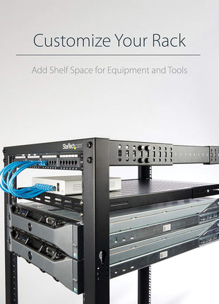 StarTech.com 1U Adjustable Vented Server Rack Mount Shelf - 175lbs - 19.5 to 38in Adjustable Mounting Depth Universal Tray for 19 inch AV/ Network Equipment Rack - 27.5in Deep , TAA (ADJSHELF)