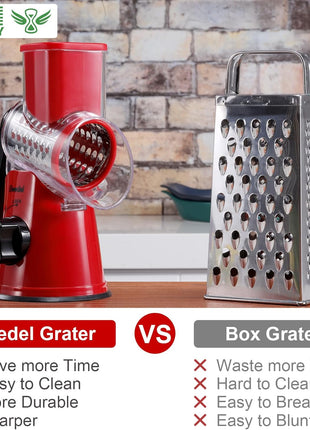 Geedel Rotary Cheese Grater, Kitchen Mandoline Vegetable Slicer with 3 Interchangeable Blades, Easy to Clean Grater for Fruit, Vegetables, Nuts