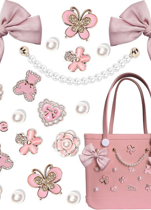 Charms for Bogg Bag,Pearls,Butterfly Flowers and Chain for Bogg Bag Accessories Charms(20 pcs)