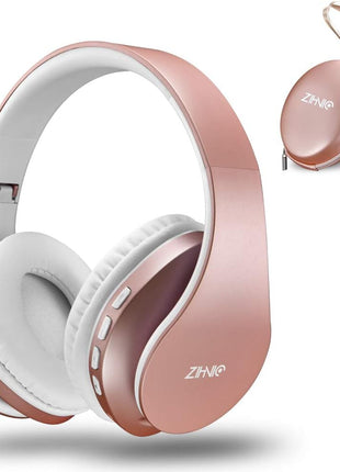 ZIHNIC Bluetooth Headphones Over-Ear, Foldable Wireless and Wired Stereo Headset Micro SD/TF, FM for Cell Phone,PC,Soft Earmuffs &Light Weight for Prolonged Wearing(Rose Gold)