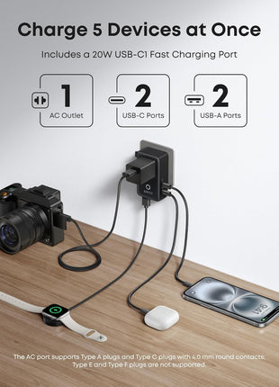 Anker Nano Travel Adapter, 5-Port Power Adapter with 1× 2-Pin AC, 2 USB A, 2 USB C for 20W, Smart Temperature Control, Works in 200+ Countries, Not a Voltage Converter, Travel Essentials (1-Pack)