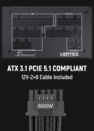 Seasonic Vertex PX-1200-1200W - 80+ Platinum - ATX 3.0 & PCIe 5.0 Ready - Fully Modular - Premium Japanese Capacitors - 12 Year Warranty - Nvidia RTX 40/50 & AMD GPU Compatible