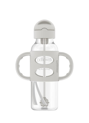 Dr. Brown's Milestones Narrow Sippy Straw Bottle, Spill-Proof with 100% Silicone Handles and Weighted Straw, 8 oz/250 mL, Blue/Gray, 6m+