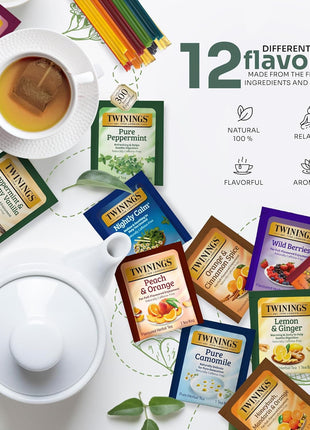 Twinings 48 Tea Bags Herbal Variety Pack – 12 Herbal Flavors with 20 Honey Sticks, Perfect Tea Gift Set for Any Occasion