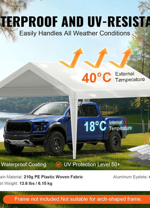 VEVOR Carport Replacement Canopy Cover 10 x 20 ft, Garage Top Tent Shelter Tarp Heavy-Duty Waterproof & UV Protected, Easy Installation with Ball Bungees,White (Only Top Cover, Frame Not Include)