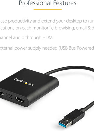 StarTech USB-A 3.0 to Dual HDMI Adapter for Windows, Dual Monitor USB to 2x HDMI Display Converter, 4K 30Hz + 1080p 60Hz, Extend or Mirror Multi-Screen Setup