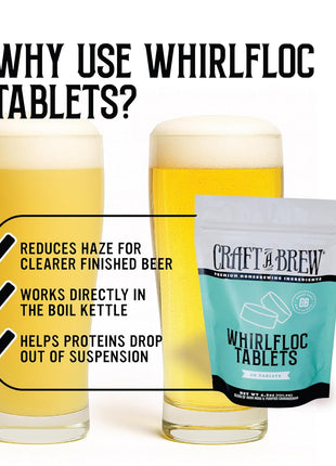 Craft A Brew - Whirlfloc Tablets - Brew Clearer Beer - For At Home Beer Brewing - Reduces Haze of At Home Brewed Beer - Blend of Irish Moss & Purified Carrageenan - Use on Brew Day - 50 Count Tablets