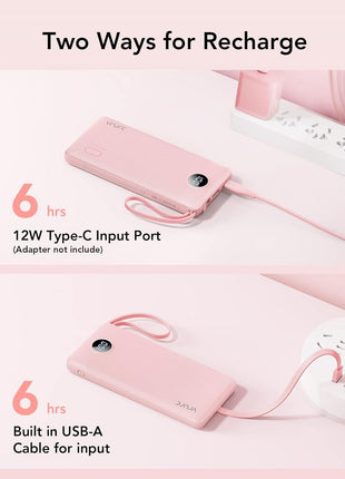 VRURC Portable Charger Power Bank, Built-in 4 Cables & 2 Ports,10000mAh Slim Battery Pack with LED Display, Travel Essential USB C Portable Phone Charger for All Cell Phones Devices-Pink(1 Pack)