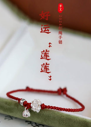 Sdouefos Lotus Flower Bracelet 925 Sterling Silver for Women, Handmade Braided Rope Red String Adjustable Lady Jewelry Red Protection Bracelet for Women Buddhist Spiritual Lucky Amulet Gift