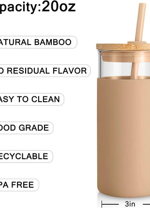 Tronco 20 oz Glass Tumbler with Lid and Straw, Iced Coffee Cup and Smoothie Cup with Bamboo Lids & Protective Silicone Sleeve, Dishwasher Safe, BPA-Free, Glass Cup 1 Pack