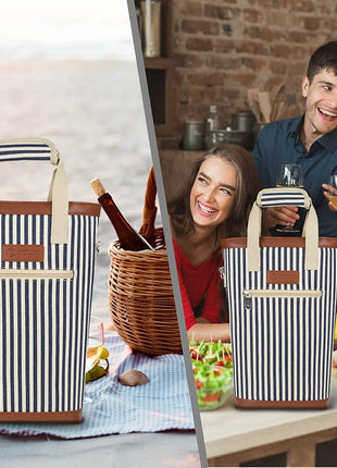 opux Two Bottle Wine Bag Carrier Tote, Insulated Leakproof 2 Bottle Wine Cooler Bag for Travel BYOB Picnic, Portable Wine Case, Gift for Men Women Wine Lover Birthday Party Christmas, Navy Stripes