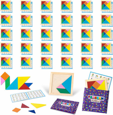 BONNYCO Tangram Puzzle Wooden Pack 30 Kids Party Favors. Goodie Bags Stuffers for Kids 3-5 4-8, Return Gifts for Birthday Party. Goody Bag Stuffers, Pinata Filler Toys Bulk. Classroom Prizes, Rewards